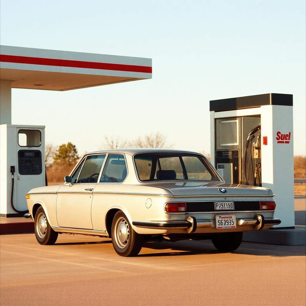 Silver BMW 2002 refueling at a vintage gas station