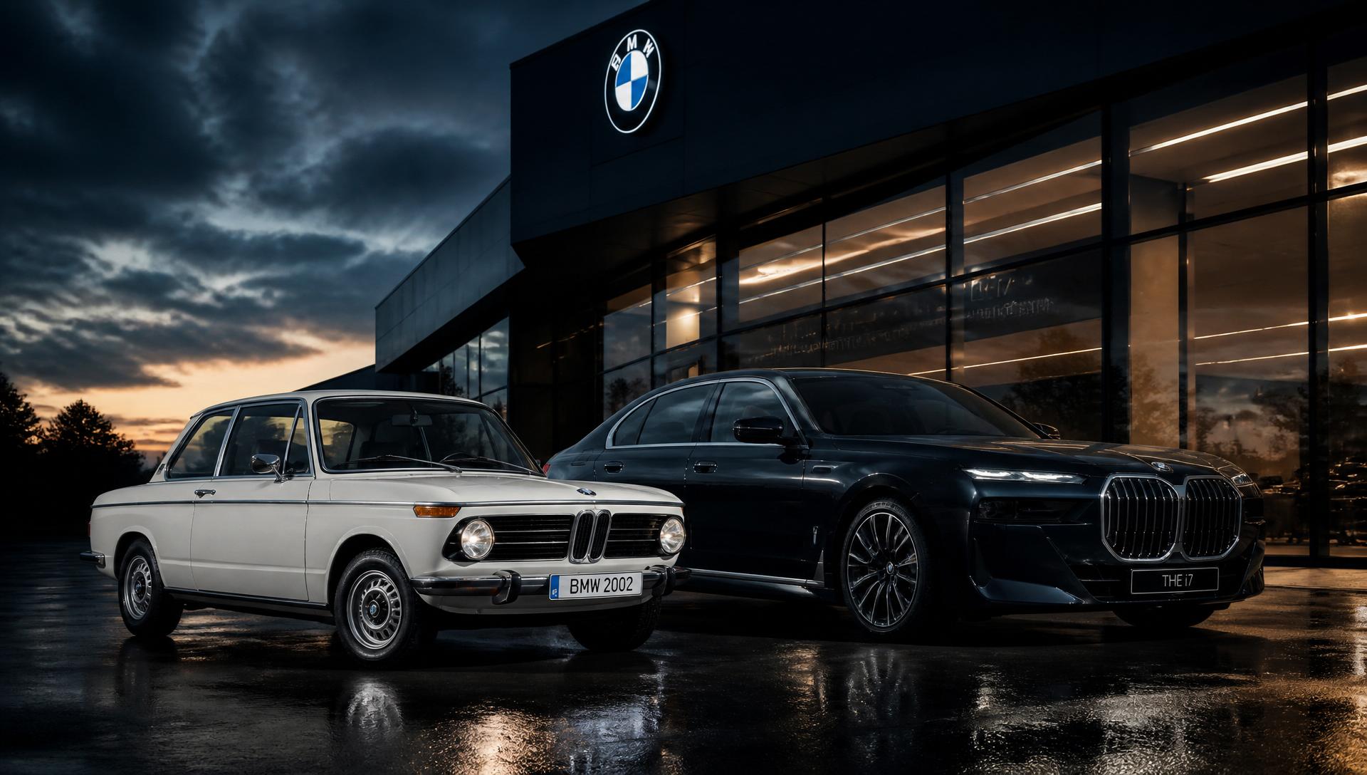 Classic BMW 2002 alongside a modern BMW i7 at the Auto West BMW Cambie Road facility