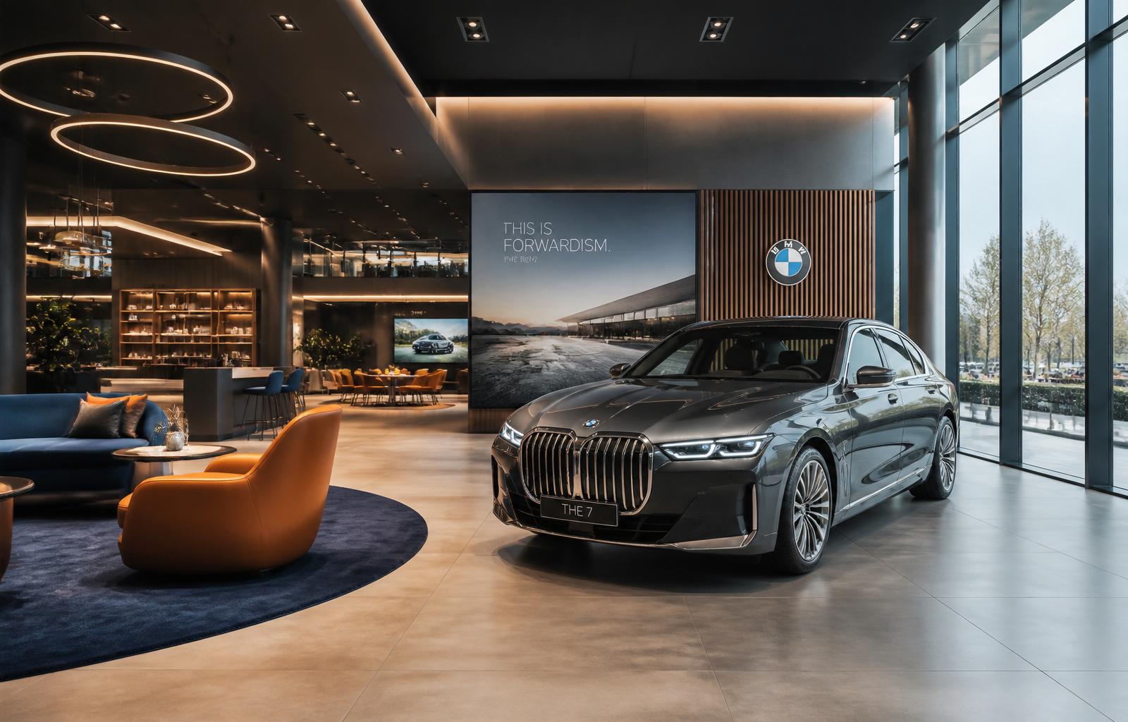 Modern BMW Retail.Next luxury showroom interior with lounge seating